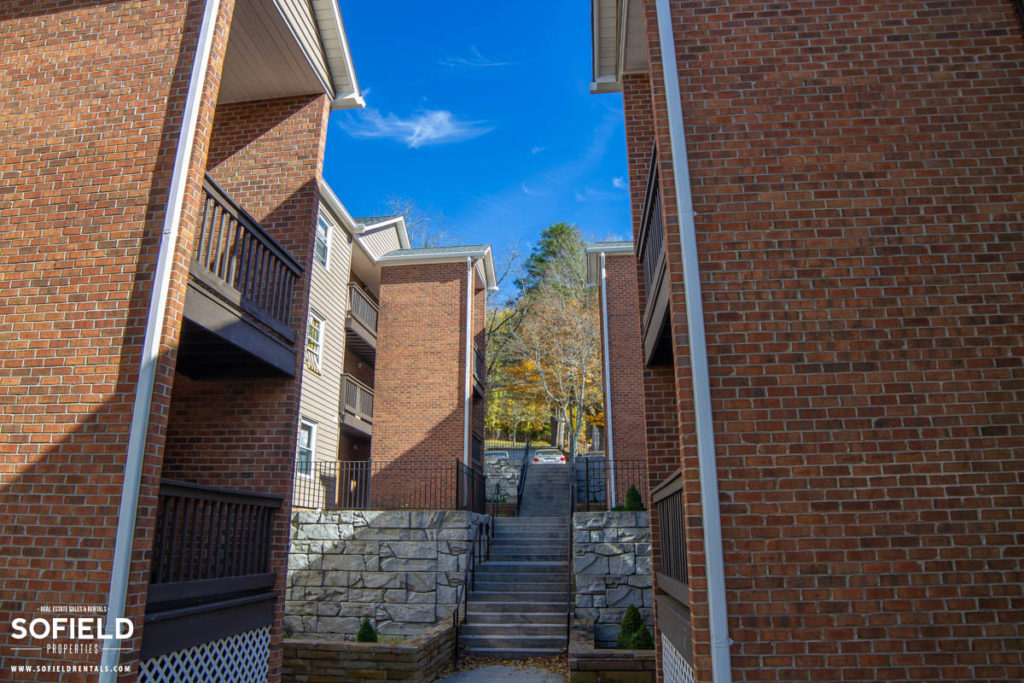 Plymouth Trace Apartments, Boone - Near App State Campus - exterior stairs between units
